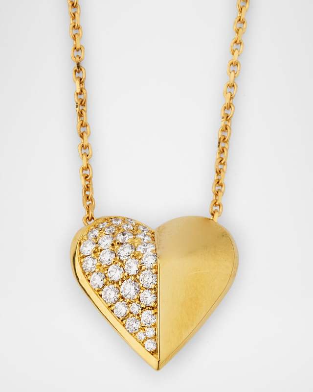 18K Yellow Gold Hearts Half Pave Diamond Necklace